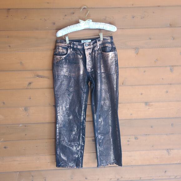 Free People Maggie Coated Crop Mocha Brown Size 26 Metallic Raw Hem Distressed - Picture 2 of 5